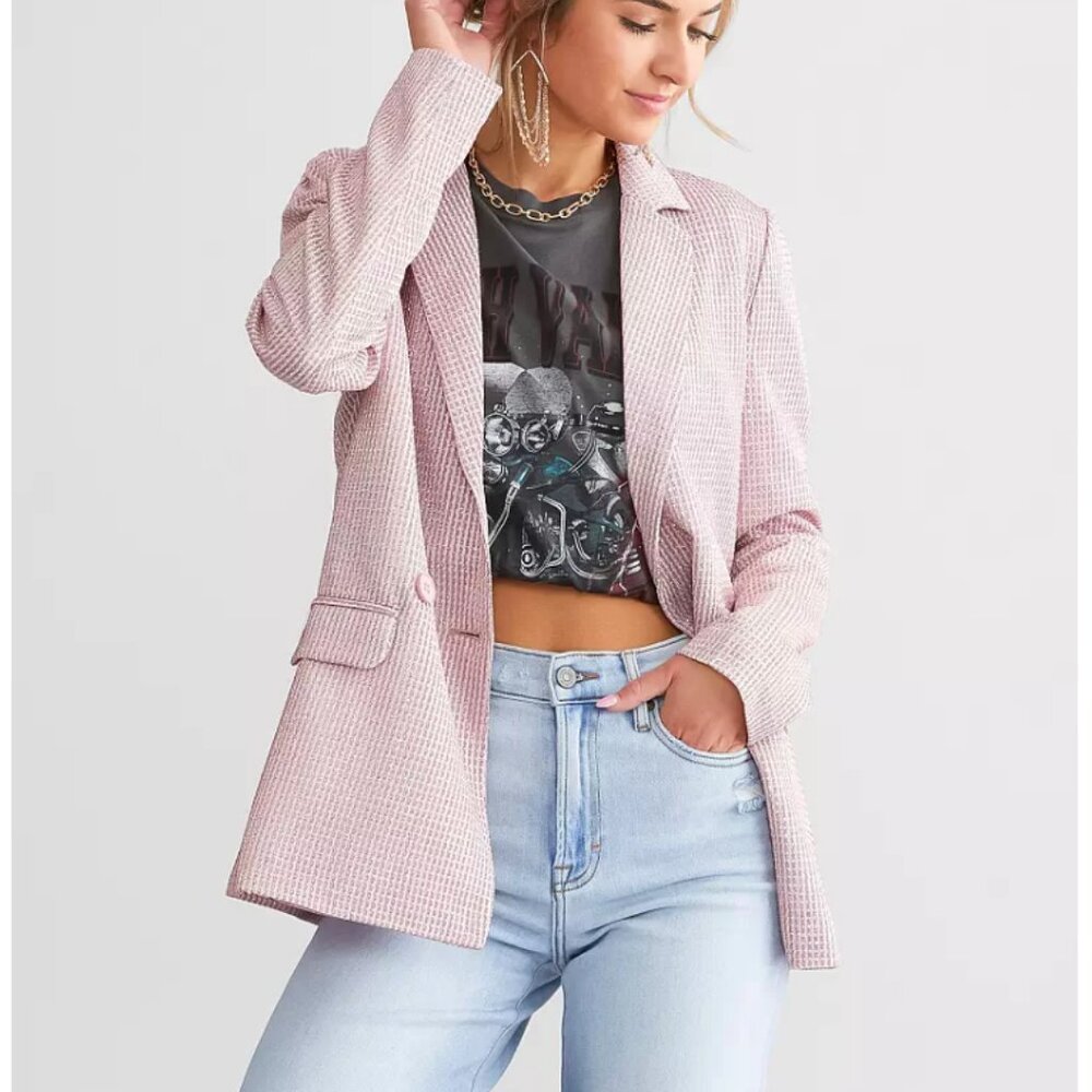 Know One Cares Women's Pink Metallic Thread Double Breasted Blazer Size Large